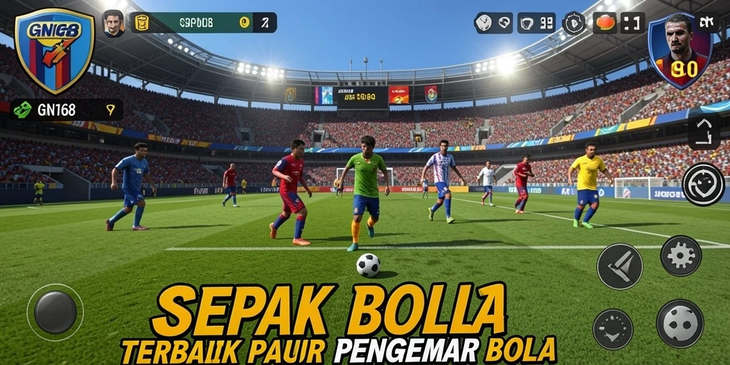 Tampilan antarmuka GN168 dengan aksi sepak bola yang intens.